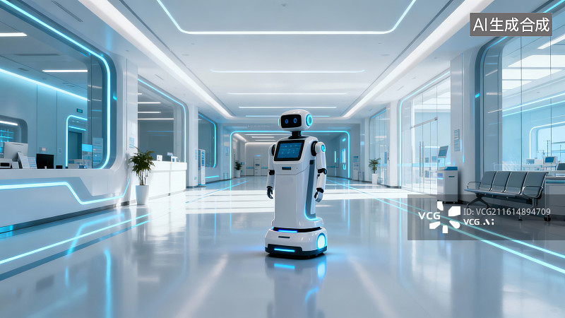 【AI数字艺术】现代医院走廊中的机器人助手图片素材
