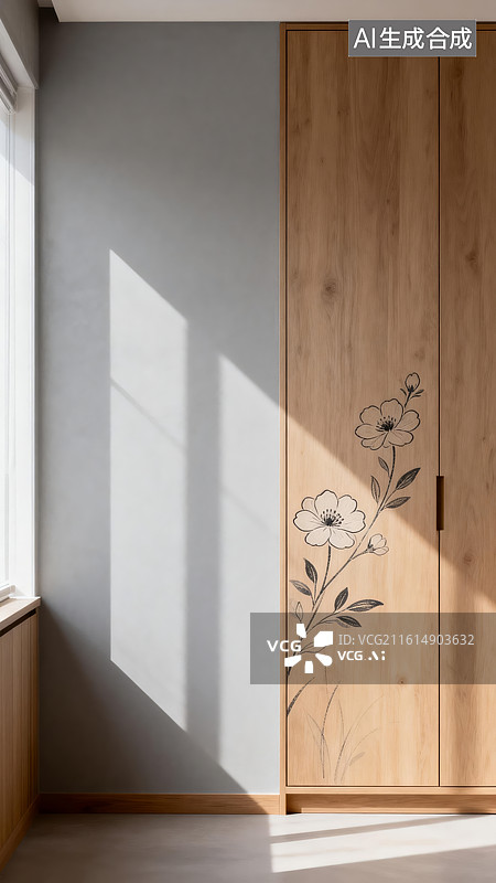 【AI数字艺术】木质衣柜花卉图案室内一角图片素材