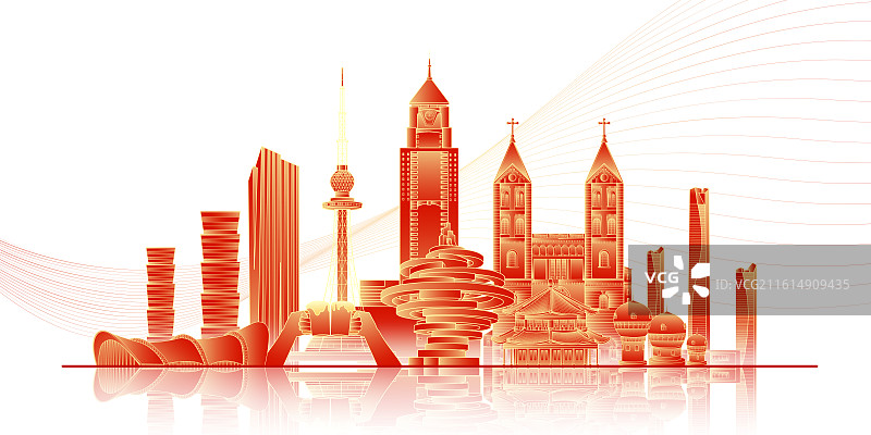 国风山东青岛城市印象地标建筑城市天际线新年春节国庆节节日红色矢量插画建筑群图片素材