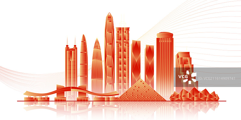 国风深圳城市印象地标建筑城市天际线新年春节国庆节节日红色矢量插画建筑群图片素材