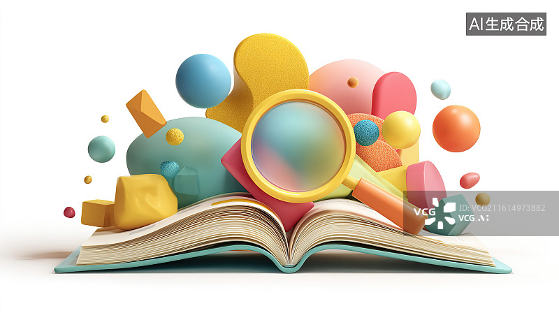 【AI数字艺术】3D 风格彩色几何元素与书籍放大镜组合图片素材
