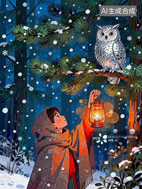 【AI数字艺术】人物插画 一位提着马灯裹着披风的人仰头寻找猫头鹰图片素材