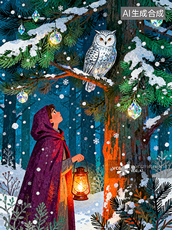 【AI数字艺术】提着马灯的男孩和树枝上的猫头鹰对话图片素材