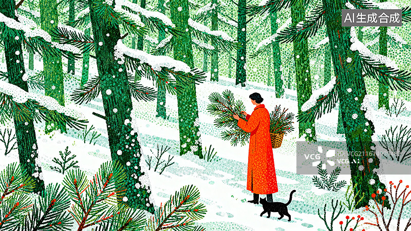 【AI数字艺术】图画书 穿橙红长袍的人在雪地松林间采集松枝图片素材