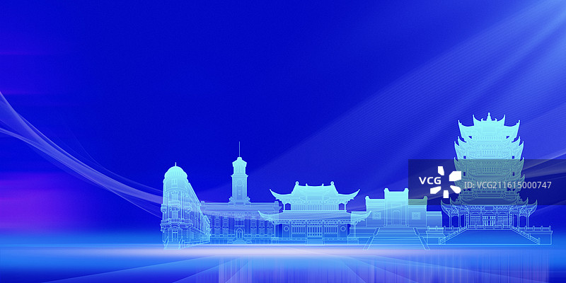 武汉城市建筑现代科技蓝色渐变插画图片素材