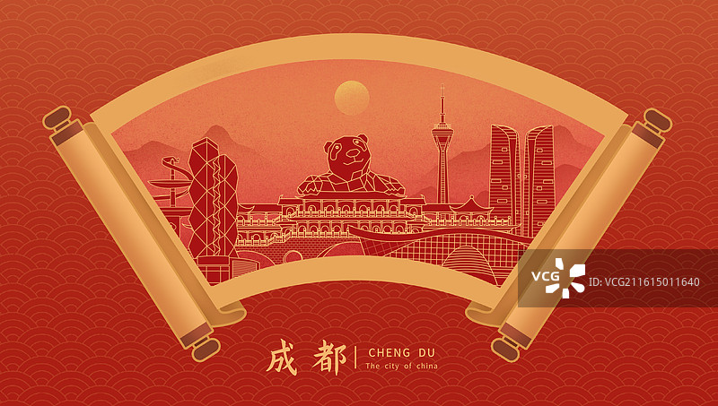 成都中国风画卷古典卷轴书卷手绘城市建筑图片素材