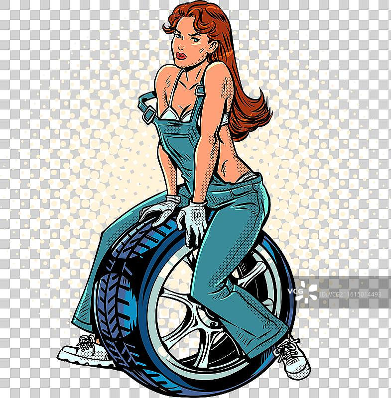 波普艺术复古风：一个穿着工装裤的女人与轮胎图片素材