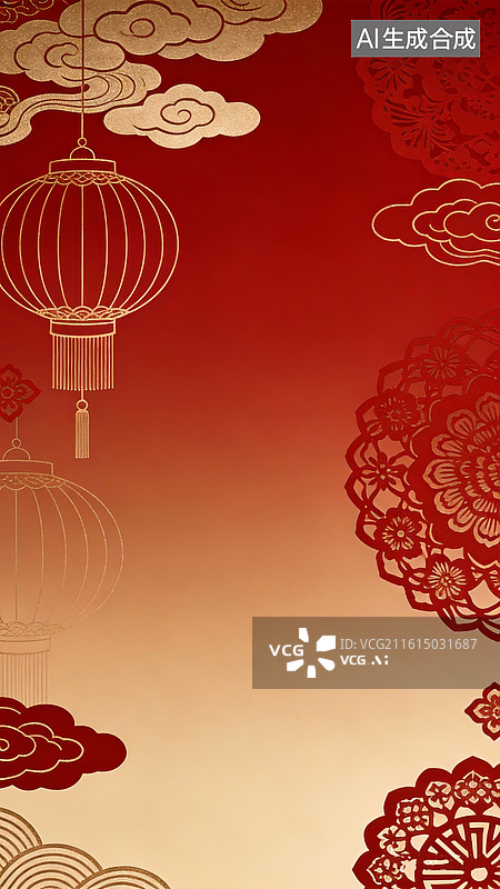 【AI数字艺术】新年背景，背景为红棕渐变色调，光影柔和细腻，画面层次丰富、细节饱满，精致感。高级有质感图片素材