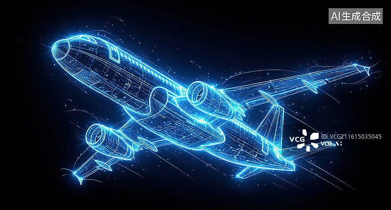 【AI数字艺术】蓝色光效飞机三维模型图片素材