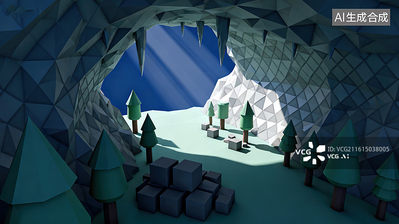 【AI数字艺术】低多边形风格洞穴内森林场景图图片素材