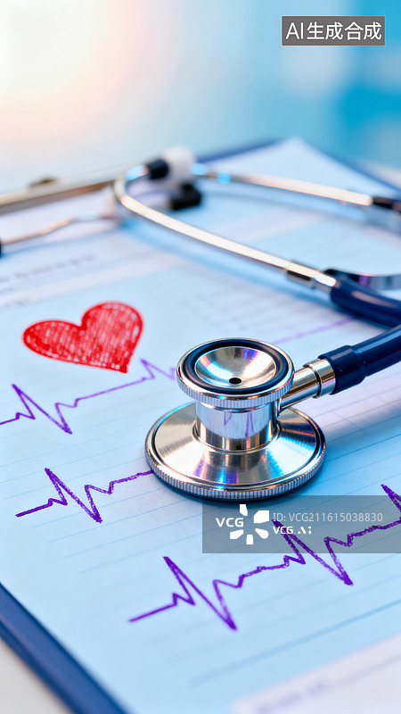 【AI数字艺术】听诊器与心电图，医疗健康概念图片素材