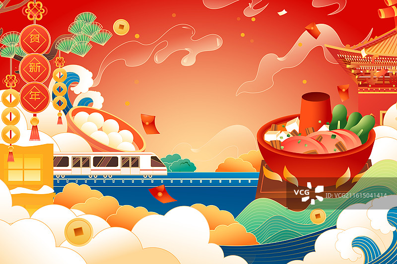 卡通春节新年年货节春运火锅饮食红包美食餐饮吃饭聚餐消费电商学生家人亲子古建筑中国风国潮渐变矢量插画图片素材