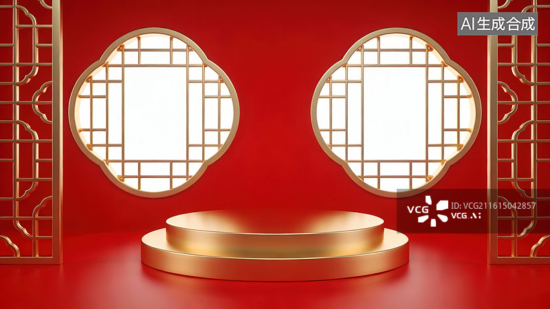 【AI数字艺术】红色背景金色窗格展台图片素材