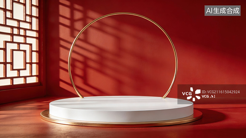【AI数字艺术】红色背景下的圆形展台图片素材
