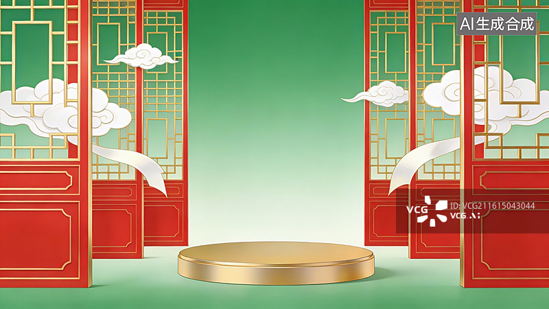 【AI数字艺术】中式风格门廊与金色展台图片素材