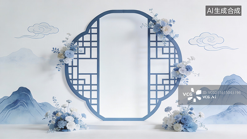 【AI数字艺术】中式窗框与山水花艺装饰图片素材