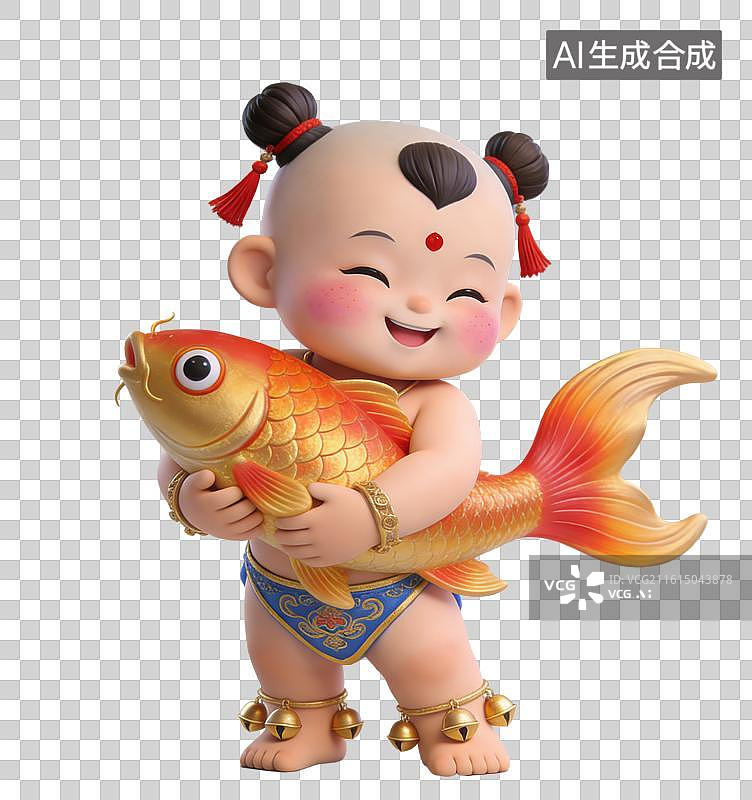 【AI数字艺术】3D立体中国风招财童子年画娃娃抱着一个金橘色的锦鲤元素图片素材