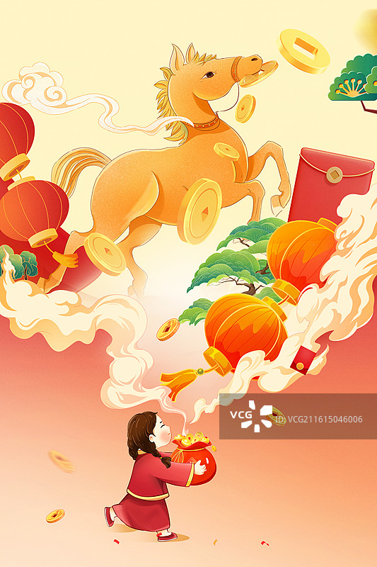 2026马年国风创意新春插画 孩子抱着装满元宝的福袋 祥云里的金马衔着铜钱 新年氛围 竖版图片素材