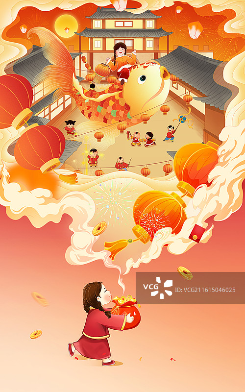 2026马年国风创意新春插画 祥云里的古代街道 放鞭炮逛庙会 年年有余 抱福袋的女孩 竖版图片素材
