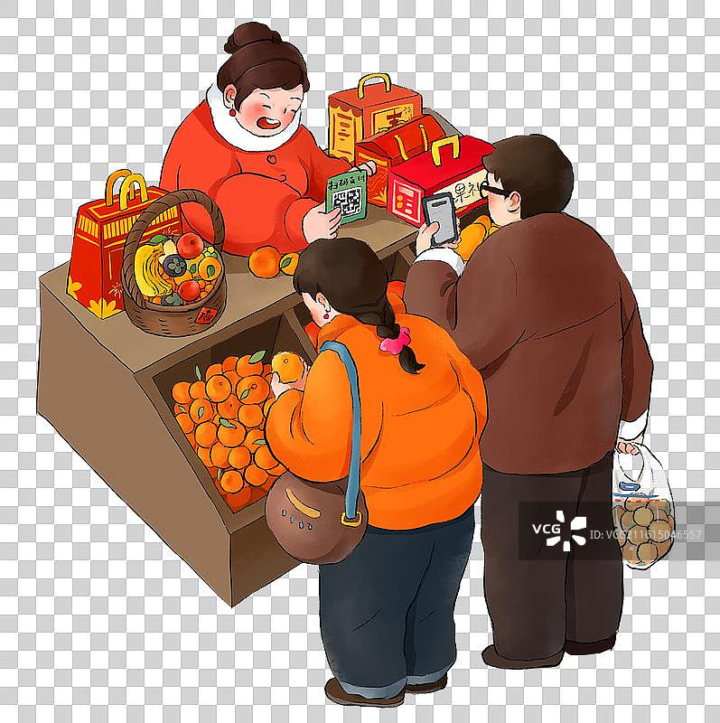 春节年俗插画赶大集插画元素卖水果的货摊和买水果的人图片素材