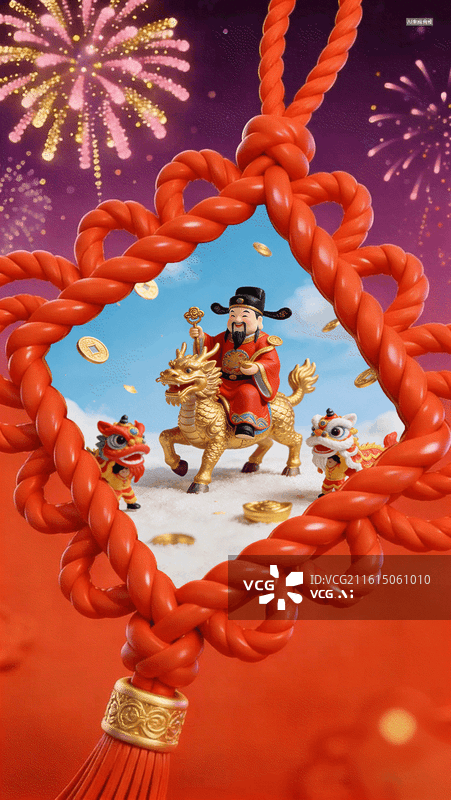 【AI数字艺术】正月初五破五迎财神新年春节中国传统节日习俗成套系列海报模板红色立体中国结边框烟花绽放创意构图动图动画图片素材