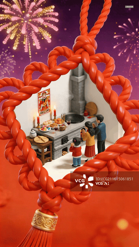 【AI数字艺术】小年祭祀灶王神新年春节中国传统节日习俗成套系列海报模板 红色立体中国结边框烟花绽放创意构图动图动画图片素材