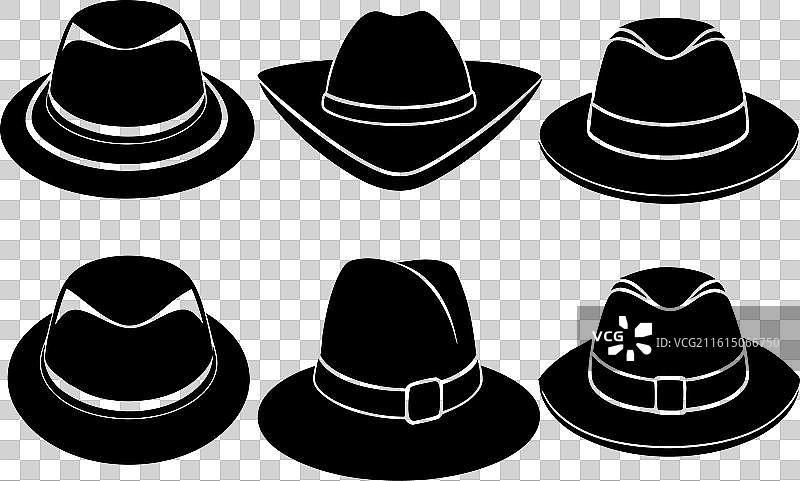 一套黑帽风格的线条艺术轮廓手绘图片素材