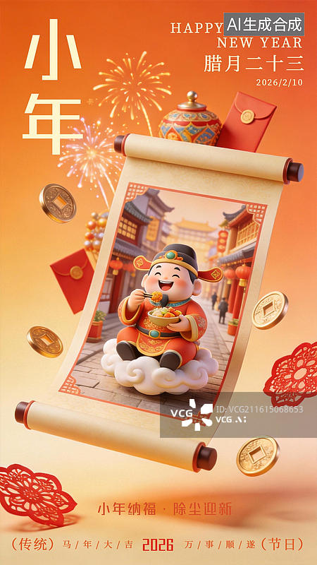 【AI数字艺术】北方小年马年春节年俗国潮风3D海报模板图片素材