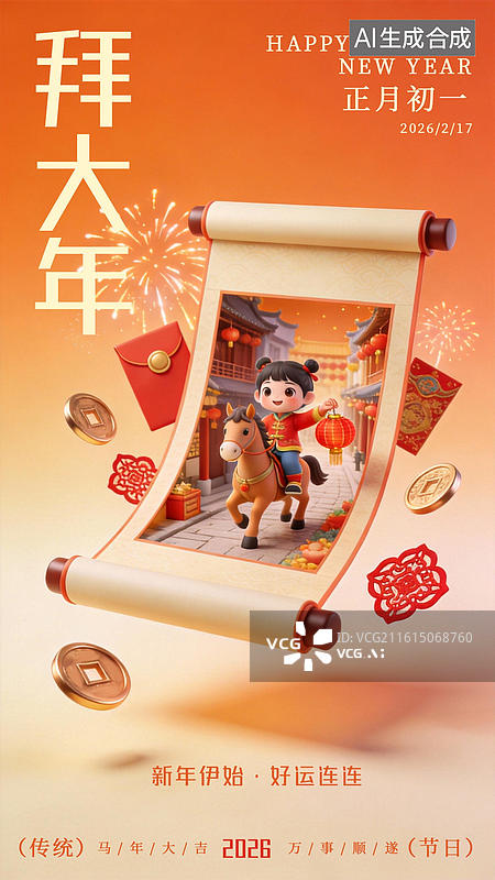 【AI数字艺术】正月初一马年春节年俗国潮风3D海报模板图片素材