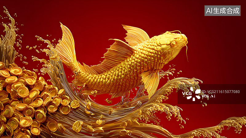 【AI数字艺术】金色鲤鱼腾跃金币浪图片素材
