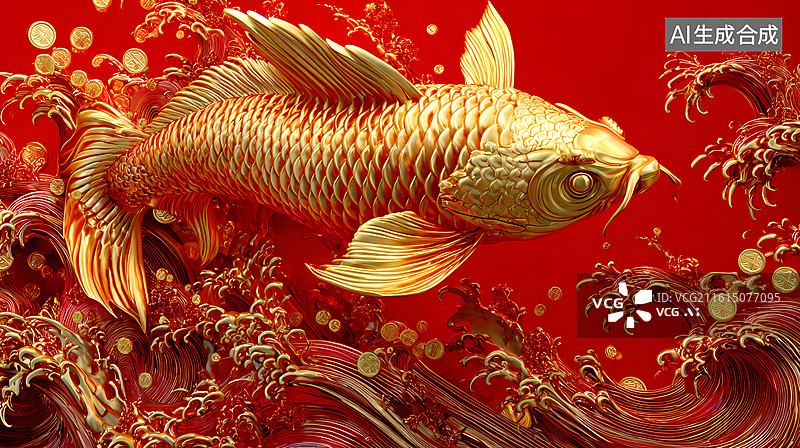 【AI数字艺术】金色鲤鱼腾跃金币浪图片素材