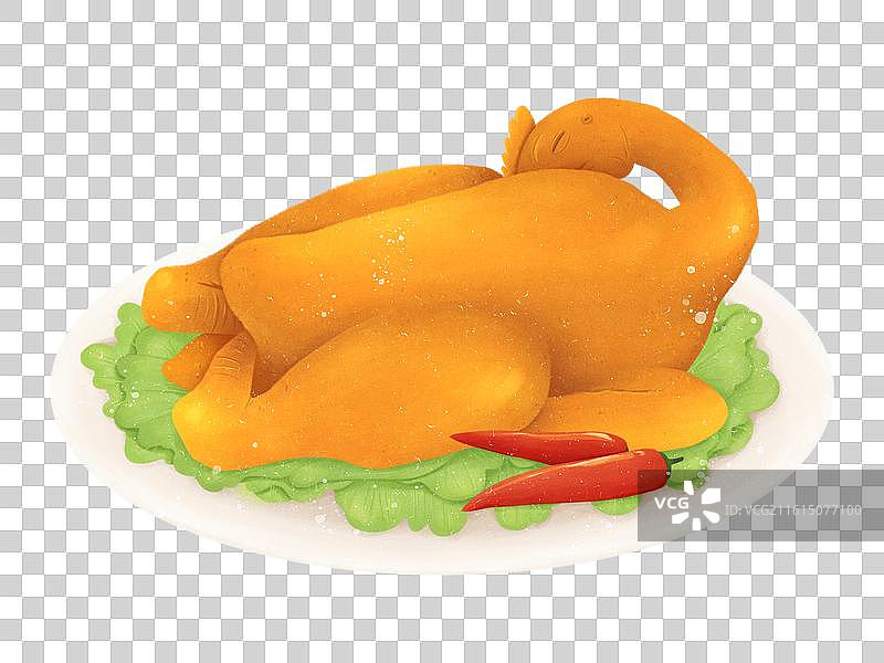 美食插画烤鸡配生菜辣椒图片素材