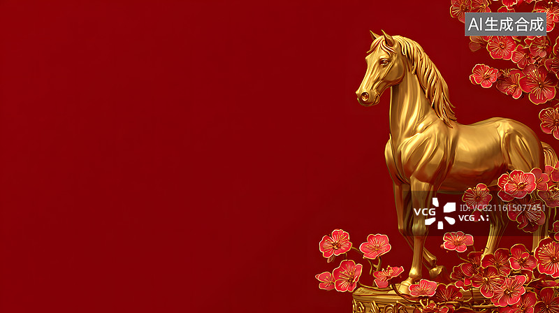 【AI数字艺术】金铸骏马立红底图片素材