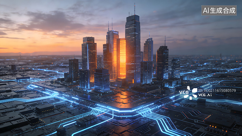 【AI数字艺术】落日余晖下的未来数字孪生智慧城市全景图片素材