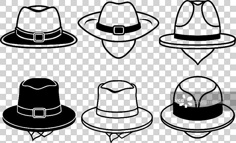 一组黑帽风格的线条艺术轮廓手绘图片素材