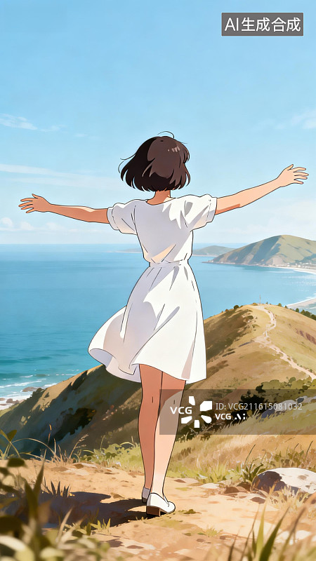 【AI数字艺术】女孩张开双臂眺望大海图片素材
