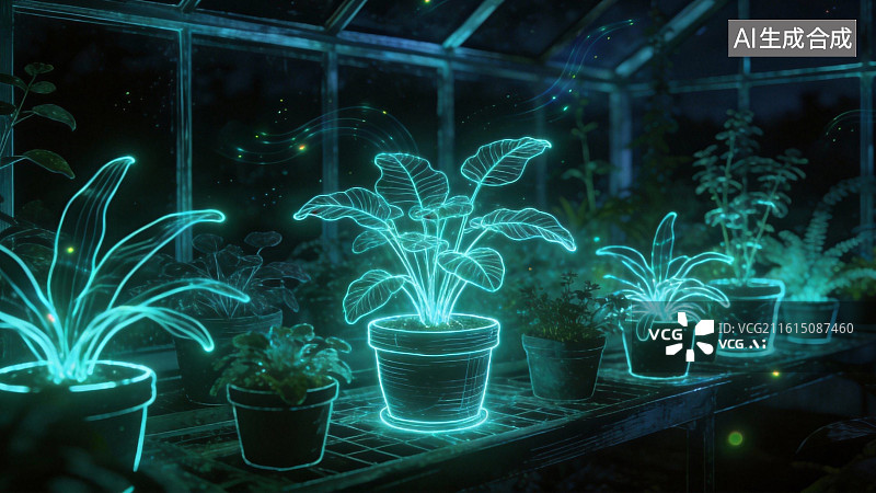 【AI数字艺术】发光植物在温室中生长图片素材