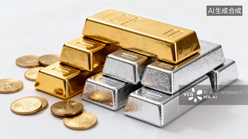 【AI数字艺术】金条银条与硬币，贵金属期货概念图片素材