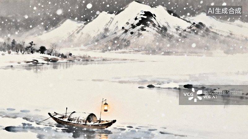 【AI数字艺术】雪中孤舟静泊湖面图片素材