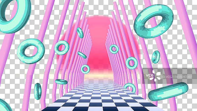 带有飞行3D甜甜圈的赛博朋克风格柱廊图片素材