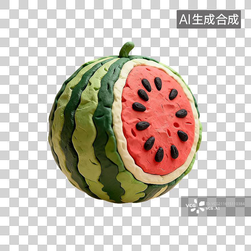 【AI数字艺术】3D渲染，粘土风，卡通西瓜，夏天，一个新鲜水果，食材，免抠元素图片素材