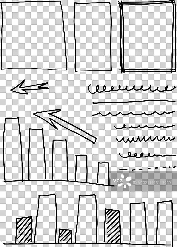 一组简单的涂鸦线条、曲线、边框和图表图片素材