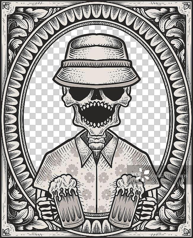 带有雕刻装饰边框的骷髅啤酒图片素材
