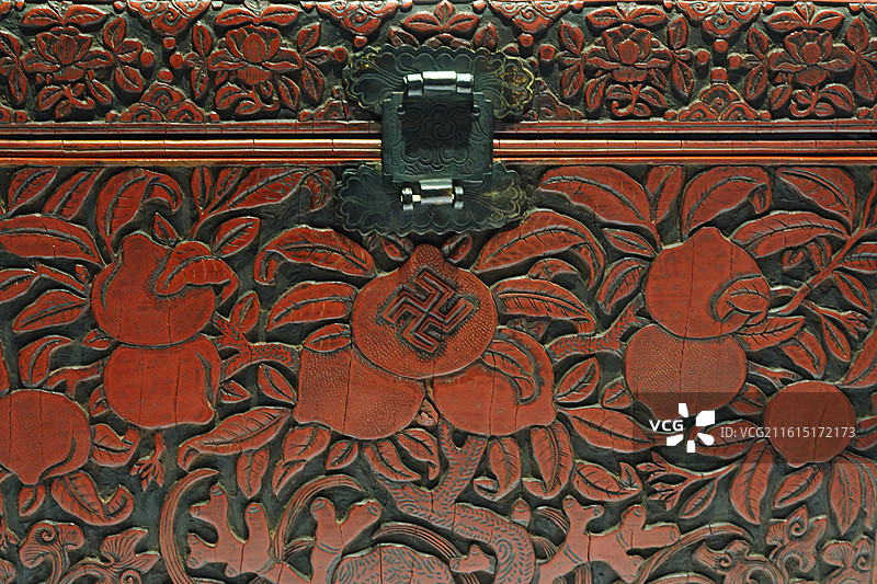 上海博物馆漆器展品--剔红万寿桃纹小箱（明）图片素材