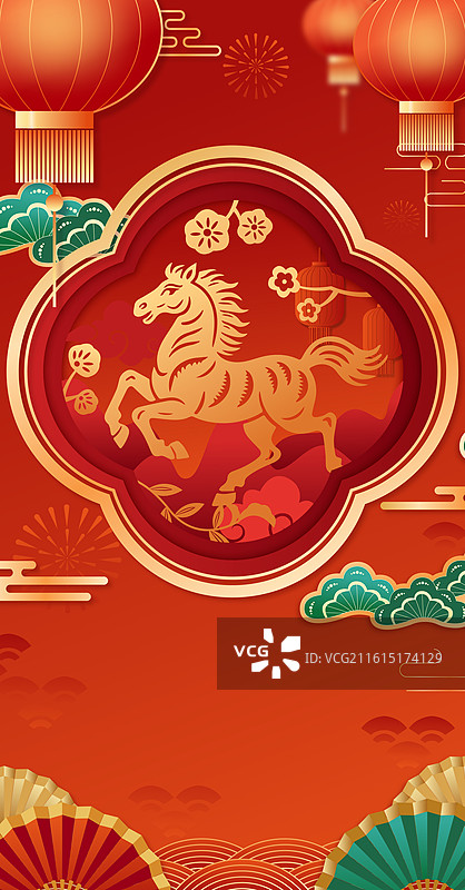 国风2026马年新年春节金色剪纸矢量插画图片素材
