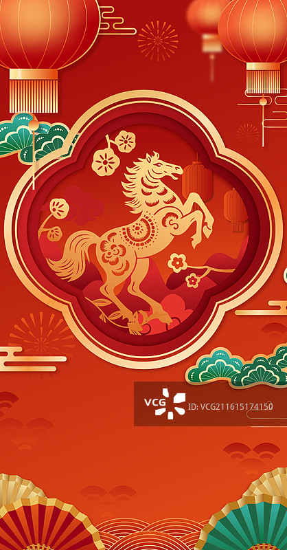 国风2026马年新年春节金色剪纸矢量插画图片素材