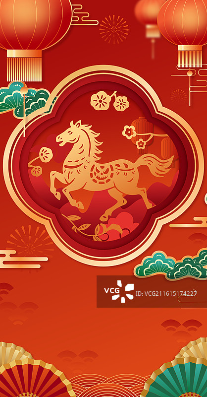 国风2026马年新年春节金色剪纸矢量插画图片素材