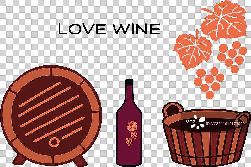 木制酒桶、酒瓶和装有葡萄的篮子图片素材