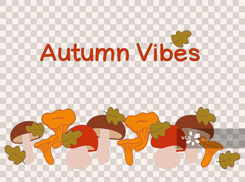 多彩的秋季蘑菇，带有落叶和文字图片素材