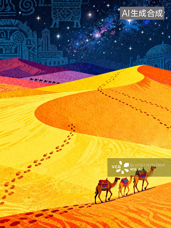 【AI数字艺术】骆驼队行过星空下的沙漠 四月世界读书日创意插画图片素材